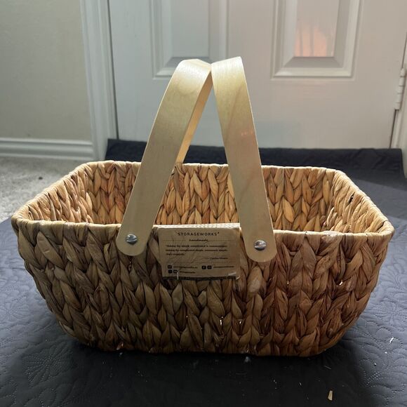Storageworks Handmade Natural Water Hyacinth Wicker Picnic Basket 15x9x7 Inches - Picture 6 of 11